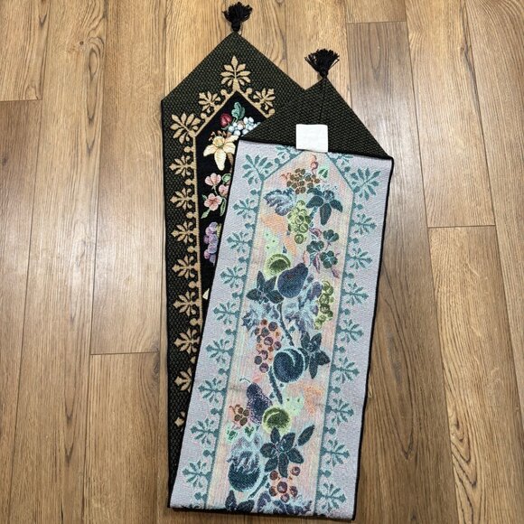 Tapestry Table Runner Black Flowers Fruit Tassels 69.5" Long - Picture 6 of 6